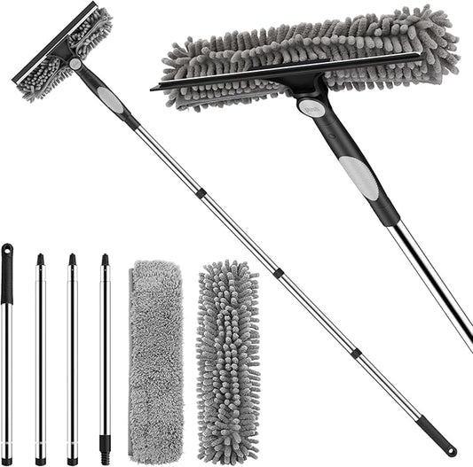 SetSail Window Squeegee with Extension Pole 2-in-1 Window Cleaning Kit Professional Window Cleaner Tool with Rotatable Head and 2 Scrubbers for Outdoor Indoor Car Windows Glass, Black Grey