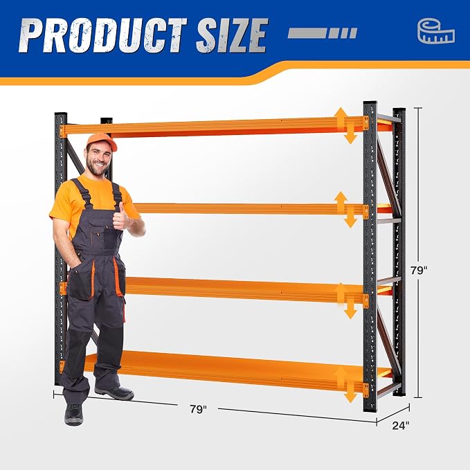 BYNSOE 78.8" W Storage Shelves 7000lbs Garage Metal Shelving Heavy Duty Garage Shelves Adjustable Storage Shelves for Industrial, Factory, (Black Orange, 78.8" W X 24" D X 78.8" H)
