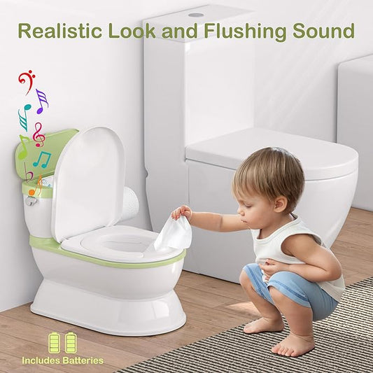 CheerTry 2-in-1 Toddler Potty Training Toilet - Larger Potty Chair & Detachable Training Seat for Boys & Girls Ages 1-3 with Flushing Sound, Wipes Storage, Toilet Paper Holder - Green
