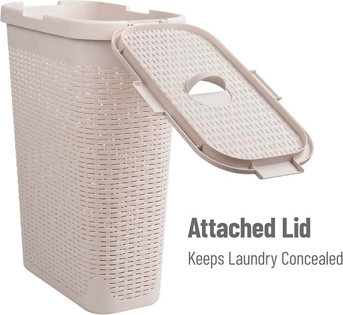 Mind Reader 40L Slim Laundry Hamper with Lid, Narrow Clothes Baskets, Set of 2, Ivory