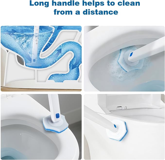 Disposable Toilet Brush Set with Holder, White and Blue, Includes 16 Cleaning Refills (1+16 Refills)