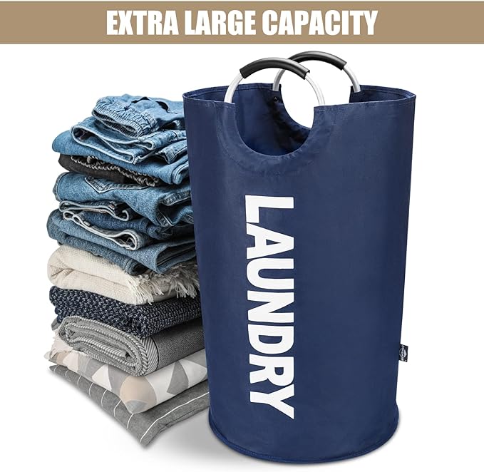 DOKEHOM 90L Large Laundry Basket Bag, Collapsible Tall Hamper, Dark Blue | Freestanding tall washing bin & foldable laundry bag. High-capacity clothes storage basket with durable sturdy handles