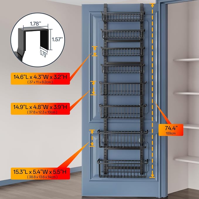 Over The Door Pantry Organizer, 8-Tier Over The Door Organizer with Adjustable Baskets, Metal Hanging Spice Rack for Pantry Organizers and Storage, Suitable for Kitchen Laundry Room & Bathroom, Black