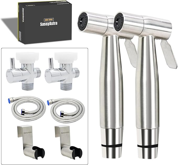 Handheld Toilet Bidet Sprayer — Adjustable Water Pressure, with Hose, Feminine & Pet Wash Kit, Bathroom Hygiene Attachment for Cloth Diaper Cleaning (Quick Install, Stainless Steel) 2Pack