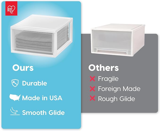 IRIS USA 2-Pack 30 Qt. Stacking Drawer Organizer with Sliding Drawer, White | Store clothing, accessories, pantry items, and household essentials around your home with organized storage solutions