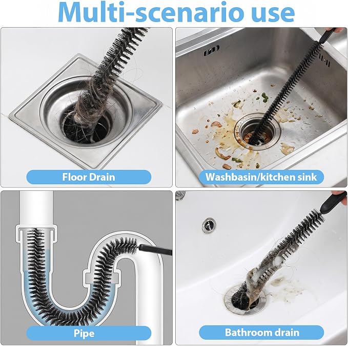 4Pcs Drain Hair Remover Tool, Flexible Long Pipe Cleaner Drain Brush, Long Drains Cleaning Brush for Hair Clogs, Kitchen Sink, Bathroom Tub, Shower