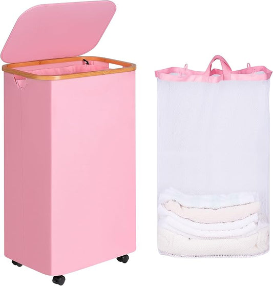 IEGrow Laundry Basket with Wheels 110L Laundry Basket with Mesh Bag,Pink | Laundry Hamper with Lid and Bamboo Frame, for Laundry Room, Bedroom, Dormitory Storage