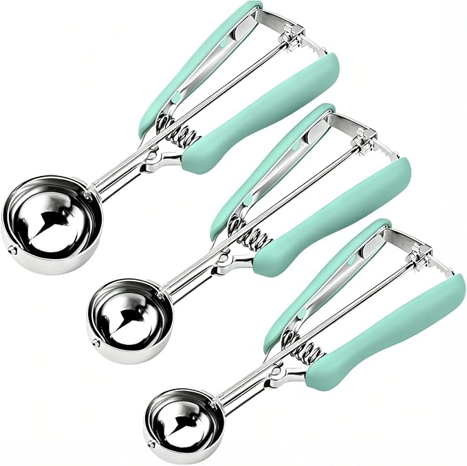 HOMURE H Cookie Scoop Set, Include 1 Tbsp/2 Tbsp/3 Tbsp, Cookie Dough Scoop, Cookie Scoops for Baking Set of 3, Mellon Baller Scoop, Mint Handle, Non-Slip, For Cookies Cupcake Muffin Ice Cream waffle
