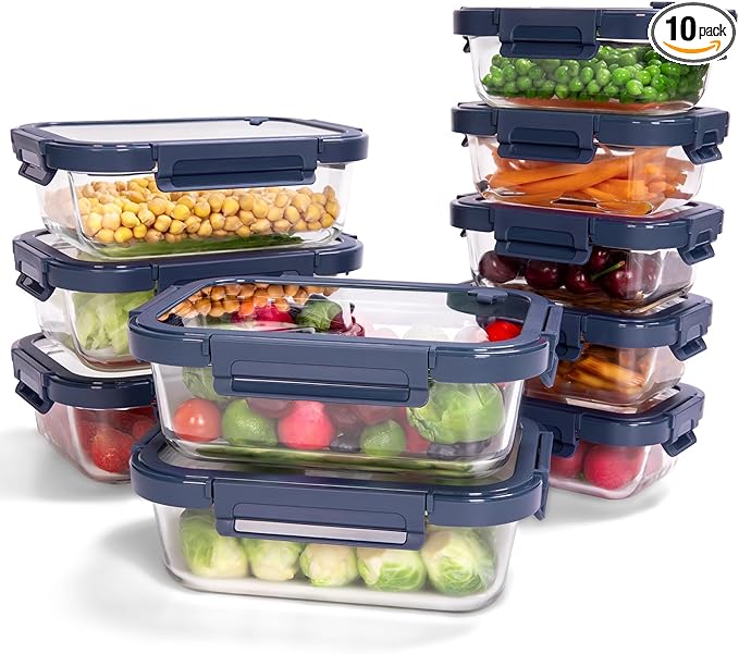 10-Pack Glass Food Storage Containers with Tempered Glass Lids – Borosilicate, Airtight, Oven-Safe (-4°F~950°F), BPA-Free, 4.4 & 1.6 Cup, Leak-Proof, Dishwasher Safe (Blue)