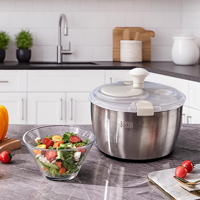 Stainless Steel Salad Spinner, 6L Salad Spinner, Lettuce Spinner, Fruit Washer, Quick Spin Salad Spinner for Householder Vegetables and Pasta Fries Small Salad Spinner Essential Kitchen Utensils