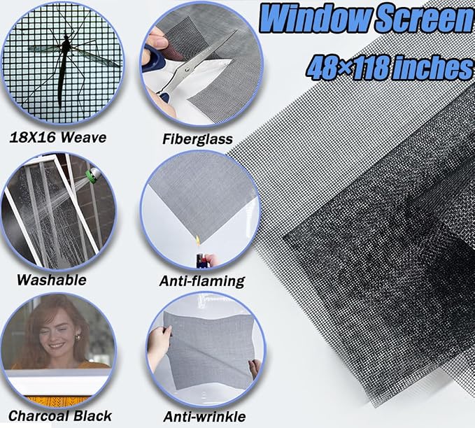 King&Charles Window Screen Replacement, 6in1 Window Screen Door Repair Kit | 48"x118" Black Screen Mesh, Steel&Nylon Bearing Roller, 0.14in x 50ft Spline, 8 Clips & Hook for Windows, Doors, Patio & RV