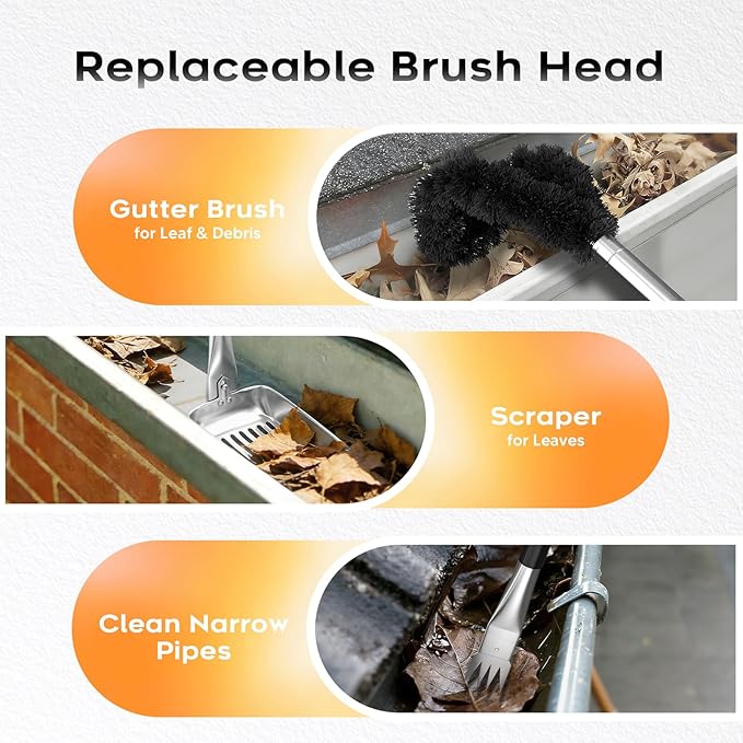 13ft Gutter Cleaning Tools from Ground, No Ladder Needed, 3-in-1 Gutter Cleaner Pole with Replaceable Brush Shovel Scraper, 180° Adjustable Angle for Leaves & Debris Cleaning with Grip Tapes