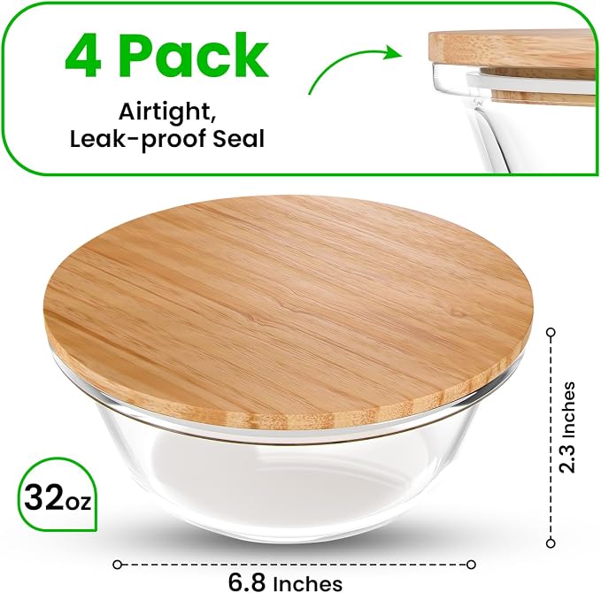 Verel Round Glass Food Storage Containers with Bamboo Lids (Set of 4) - 32 Ounce, Eco Friendly Meal Prep with Wooden Lids