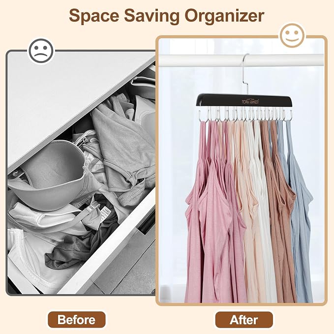 TOPIA HANGER Bra Hanger for Closet, Tank Top Hangers Space Saving Black | 20 Foldable Hooks, 360°Rotating Hooks, Easy to Install, Durable Solid Wood, Space Saving Storage for Bras, Tank Tops, Belts
