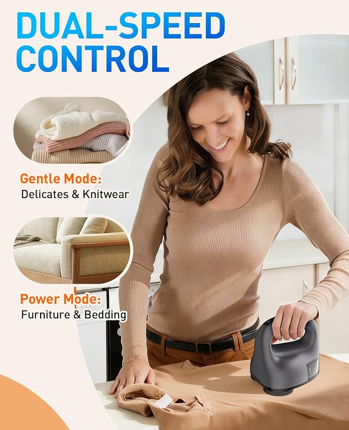 Fabric Shaver with Dual Head, 2X Faster Lint Remover for Clothes, 6-Leaf Blades, 2-Speed Electric Sweater Defuzzer with LED Display for Furniture & Clothing