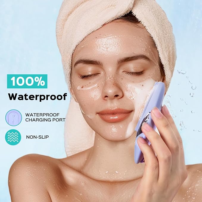 COSLUS FBS01 Facial Cleansing Brush Face Scrubber, Compact for Travel | Rechargeable, Gentle Silicone, 5 Cleansing Modes, Deep Cleaning for Men & Women, Removing Blackhead Exfoliating,Purple