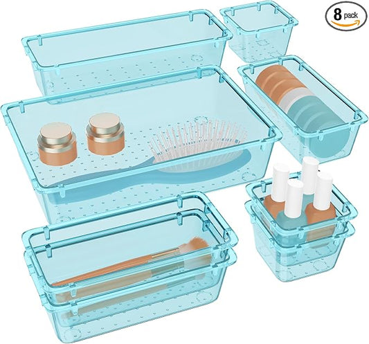 WOWBOX 8 PCS Plastic Drawer Organizer Set, 4 Sizes Desk Drawer Organization and Storage Containers for Makeup, Cosmetics, Jewelry and Gadgets in Kitchen, Bathroom, Bedroom, Office, Clear Sea Blue