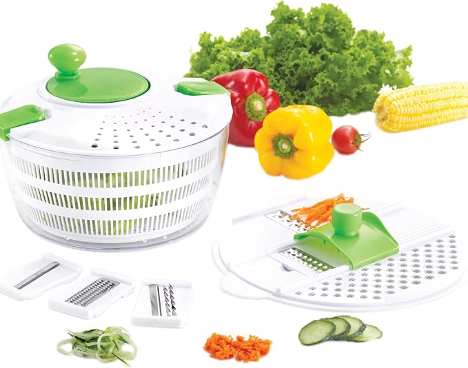 Huji Multifunctional Large Salad Spinner (4 Quarts) and Mandoline Set – 5 Blade Slicer, Drainer, Tosser, Vegetable Dryer with a Pouring Spout