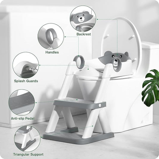 Potty Training Seat, Upgrade Toddler Toilet Seat for Kids Boys Girls, 2 in 1 Potty Training Toilet, Splash Guard Anti-Slip Pad Step Stool(Grey-Pu)