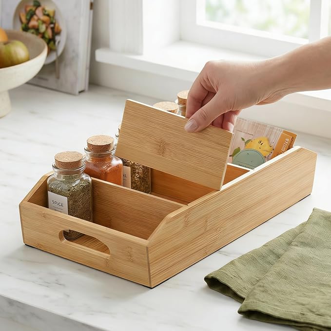 Pumtus 2 Pack Bamboo Pantry Organizers, Storage Bin with Removable Dividers, Divided Snack Oragnizer with Handle, Stackable Cabinet Basket, Drawer Caddy for Kitchen Office Packets Sauce Pouches