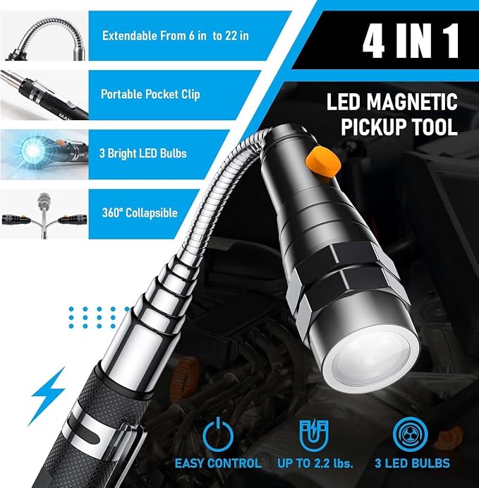 Telescoping Magnet Pickup Tool with 3 LED Magnetic Flashlight, Cool Gadget Birthday Gifts for Men, Women, Husband, Dad, Adult, Boyfriend, Mens Gifts from Daughter, Wife, Black