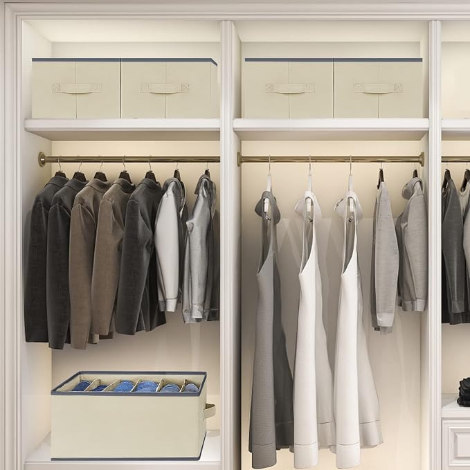 3 Pcs Large Size Wardrobe Clothes Organizers 6 Grids for Pants, Jeans, Sweater, T-shirt, Thin Coat, Dress Stackable Closet Drawer Organizer Storage Bin Container with Sturdy Handles, Beige