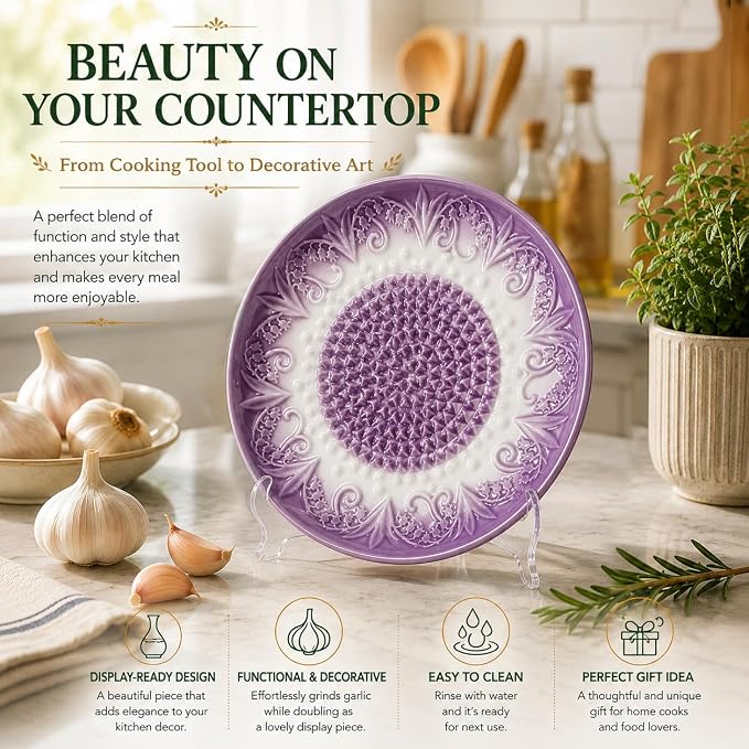 Ceramic Garlic Grater Plate Set with Rack & Cleaning Brush(Purple) | Textured ceramic surface grates garlic, ginger and tomatoes quickly; includes rack, brush and peeler for easy kitchen use