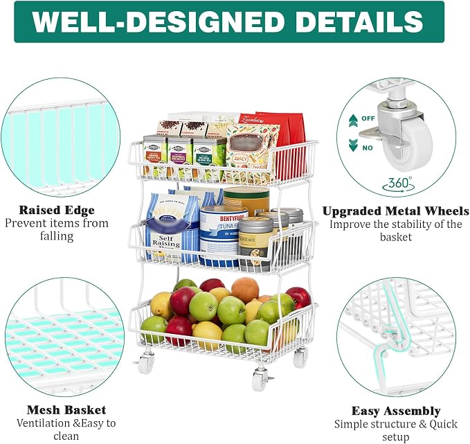 Giwil 3-Tier Rolling Pantry Organizers Fruit Vegetable Storage Basket Cart | 23.62"H under pantry shelf, metal frame, extra standing feet, kitchen produce wire basket for snack fruit onion potato, white