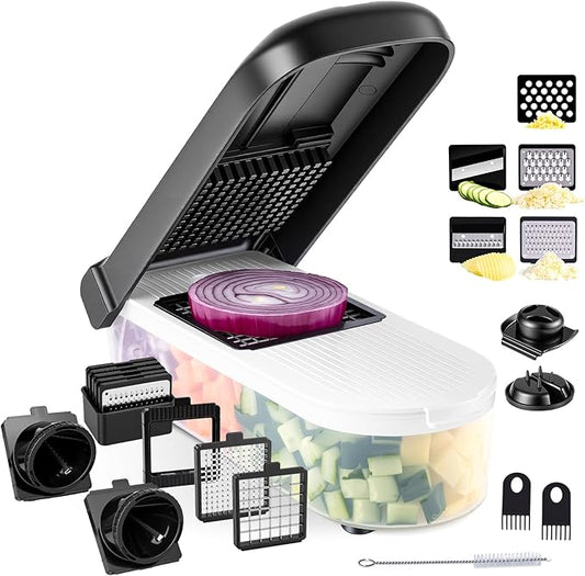 LHS Vegetable Chopper Multifunctional Food Chopper Onion Chopper Vegetable Slicer Dicer Cutter Potato Cutter Veggie Chopper with Container with Spiralizer (12 in 1, Black)