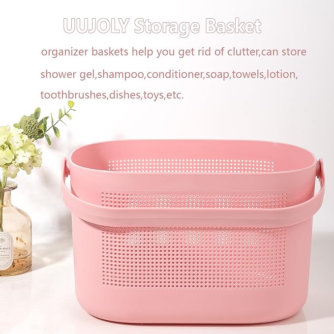 Plastic Protable Shower Caddy Basket, Storage Organizer with Handle, Pink | Bottom Drain Holes, Keep Dry, Sturdy and Durable, Easy to Carry for Bathroom, Kitchen, Dorm Room, RV, College