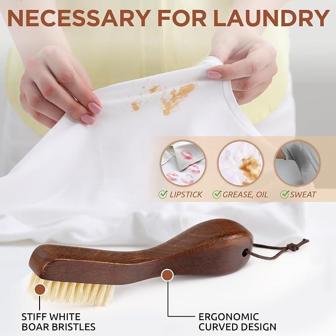 TAKAVU Laundry Stain Brush 2pcs, Soft White Boar Bristles | Clothes Cleaning Scrubber, Stain Remover for Shirts, Collars, Cuffs & Shoes, Curved Beech Wood Handle with Hanging Loop