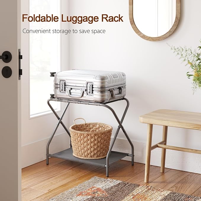 AMHANCIBLE Luggage Rack, Set of 2, Foldable Suitcase Stands for Guest Room | Metal Luggage Holder with Storage Shelf for Bedroom, Hotel, Easy Assemble, Grey