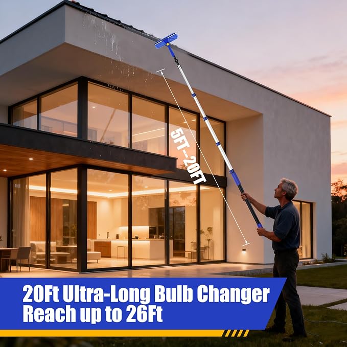 26FT Light Bulb Changer Kit with Ceiling Fan Cleaner Extension Pole Blue | Telescoping Lightbulb Changing Pole,Cobweb Brush Extendable Duster,Spider Web Brush and Window Squeegee Cleaning