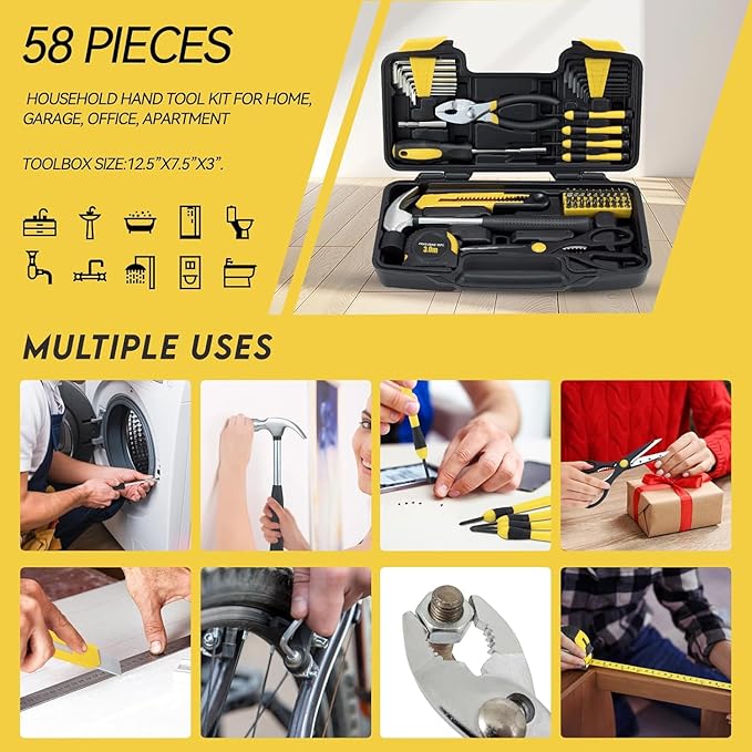 MARTCOLOR 58 Piece Household Tool Set, General Household Hand Tool Kit with Plastic Toolbox Storage Case, All Purpose Household Tool Kit for Home, Garage, Office and College Dormitory Use, Yellow