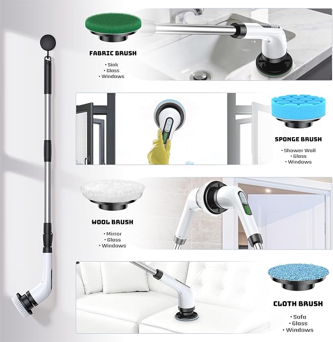 Electric Spin Scrubber, 2-Speed Cleaning Brush, Extendable Handle (White) | Includes 7 reusable brush heads and an IPX7-rated design for cleaning bathrooms, showers, kitchens, tile, floors, and grout