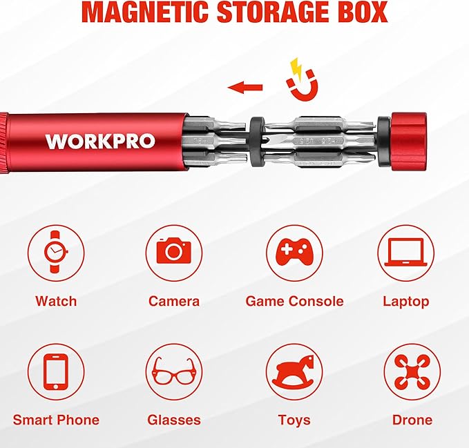 WORKPRO 24 in 1 Multi Bit Mini Screwdriver Set Magnetic, Red | Manual Pen Screwdrivers, Tough S2 Steel Small Screwdriver Bits for Eyeglass, Watch, Laptop, Phone, Jewelry and Electronic