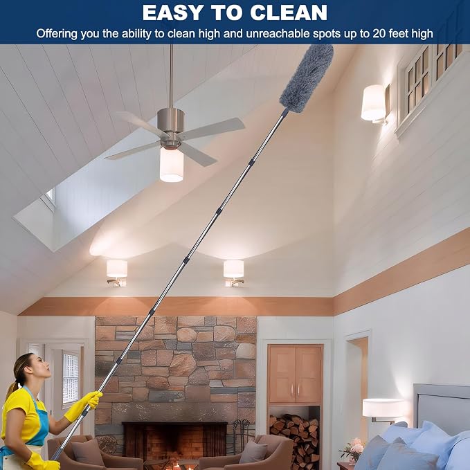 20+ Ft High Reach Ceiling Fan Duster &Microfiber Feather Brush Duster with 3-14 ft Spliceable Pole Microfiber Feather Duster for Spider Web, High Ceiling, Blinds, Furniture Cleaning Tool Kit