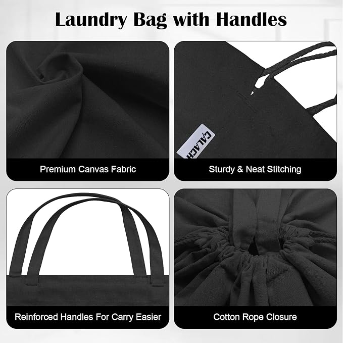 Canvas Laundry Bags with Handles & Square Base 16"Wx16"D x27.6"H, Black | Extra Large Heavy Duty Laundry Basket Hamper Liner Replacement, Washable Drawstring Dirty Clothes Bag, Canvas Storage Sack