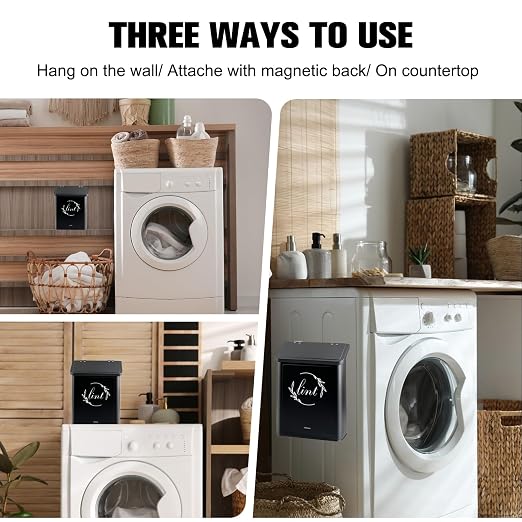 Magnetic Lint Bin for Laundry Room, Metal Lint Trash Can for Dryer | Metal construction, magnetic or wall-mounted, includes lint brush, flip lid, space-saving for laundry rooms, black finish