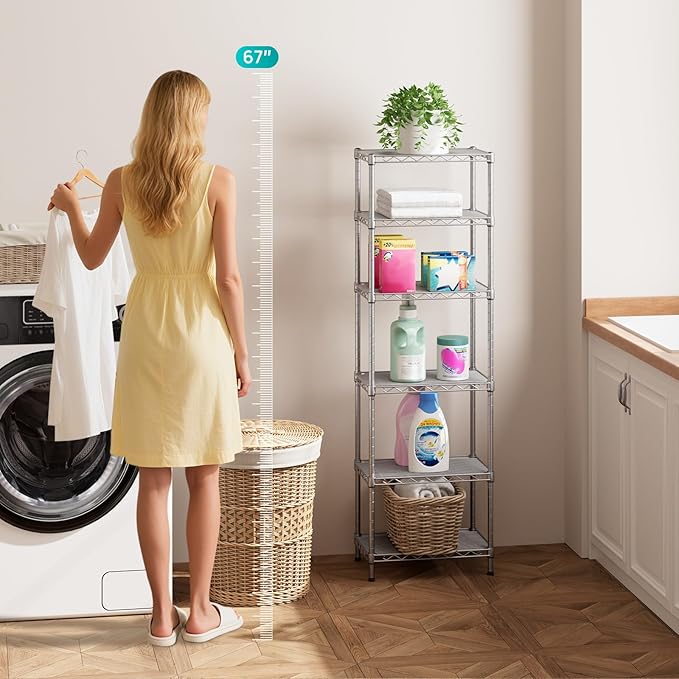 SINGAYE Metal Shelves Wire Shelving Storage Standing Adjustable Shelf Unit | 6 Tier Mesh Units Shelf for Kitchen Laundry Bathroom Closet Organizers Pantry Narrow Home Rack 10" D x 16" W x 63" H Gray