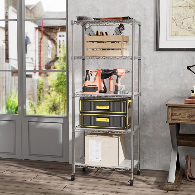 SINGAYE 5 Shelves Storage Wire Shelf Closet Metal Shelving Pantry Wheels | Shelf Bathroom Organizers Metal Kitchen Garage Shelving Unit Laundry Room Organization Home Rack Net Basket with Wheels