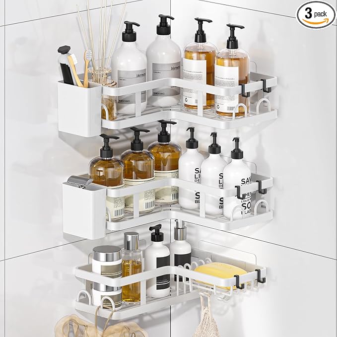 3 Pack Corner Shower Shelves, Rustproof Shower Organizer Caddy | No Drilling Shower Organizer Corner Exclusively for 90 Degree Right-Angle Walls with Hooks and Toothpaste Holder, White