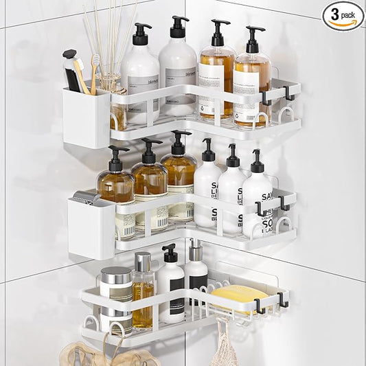 3 Pack Corner Shower Shelves, Rustproof Shower Organizer Caddy | No Drilling Shower Organizer Corner Exclusively for 90 Degree Right-Angle Walls with Hooks and Toothpaste Holder, White