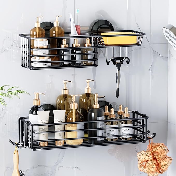 LEVERLOC Shower Caddy Suction Cup, 2 Pack suction shower shelf with Hooks & Soap holder, NO-Drilling Bathroom Holder, Rustproof bathroom organizer, Black