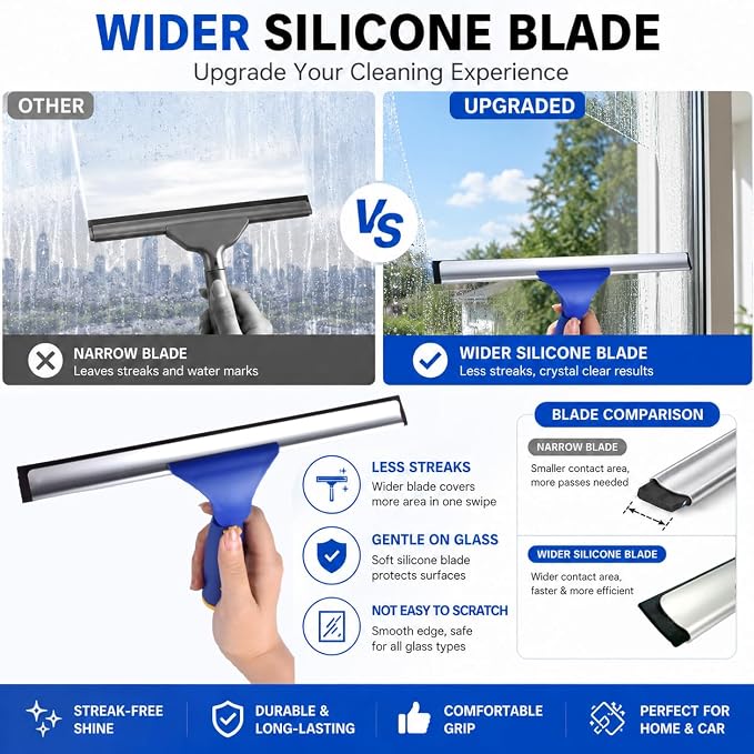 ITTAR Window Squeegee with 2 Sets Separate Pole, 12" Rubber Squeegee and 11" Microfiber Pads, 60"-73.6" Telescopic Window Cleaning Kit with Rotating Head for High Windows, Shower Glass, Car Windshield