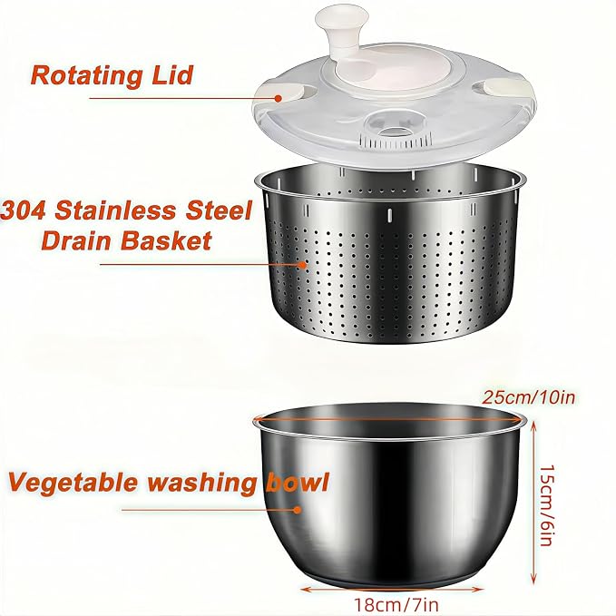 Stainless Steel Salad Spinner, 6L Salad Spinner, Lettuce Spinner, Fruit Washer, Quick Spin Salad Spinner for Householder Vegetables and Pasta Fries Small Salad Spinner Essential Kitchen Utensils