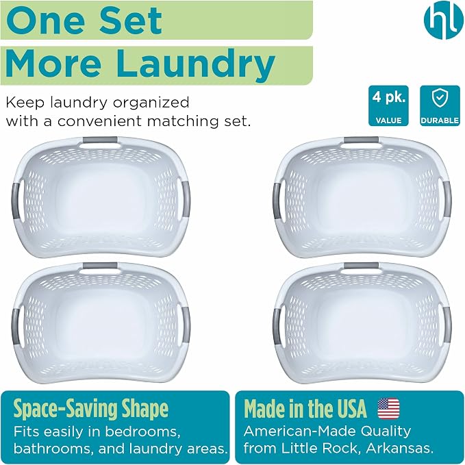 Home Logic 1.75 Bushel Plastic Laundry Basket with Hip Grip, Large Laundry Hamper with Handles, Ventilated Clothes Organizer for Bedroom Bathroom Closet, 4 Pack, White