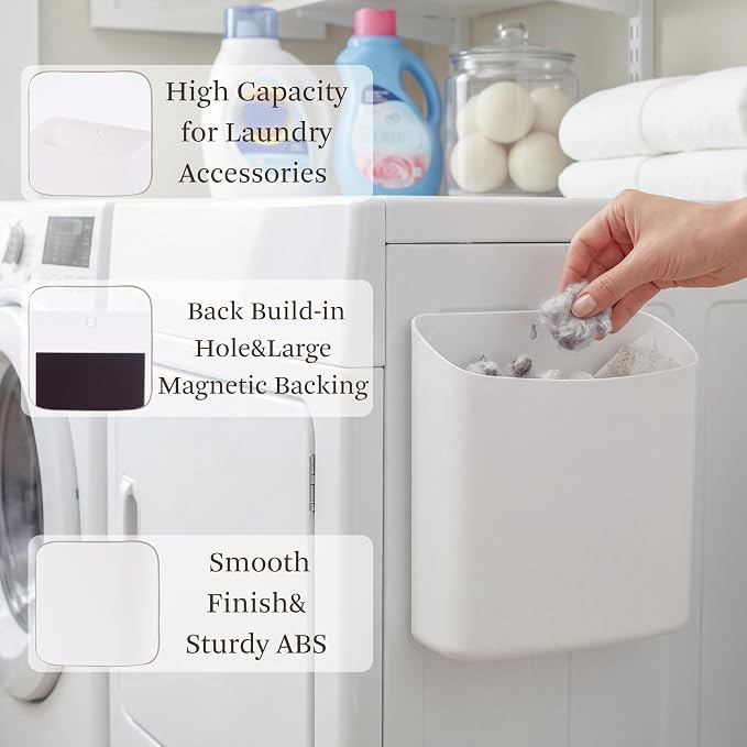 MONJITA Lint Bin for Laundry Room, Magnetic Lint Trash Can for Dryer, Modern Lint Holder, Lint Box for Laundry Room Organization, Wall Mounted Trash Can for Laundry Decor (White)