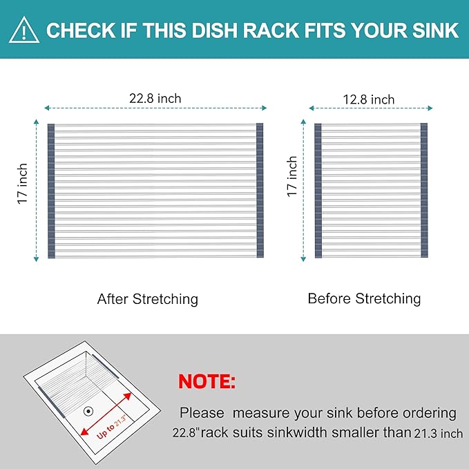 BBXTYLY Extra Large Expandable Roll Up Dish Drying Rack,Over The Sink Drying Rack Sink Cover Kitchen Sink Accessories Kitchen Rolling up Stainless Steel Drainer, Foldable,Rollable（Grey，22.8'-17.3''）