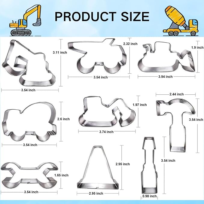 Construction Cookie Cutter Set-3 Inches-9 Piece- Excavator Digger Bulldozer Dump Truck Hammer Wrench Construction Tools Cutters Molds for Kids Construction Themed Party
